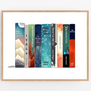 Science Fiction Bookstack Illustration / Book Print / Printable / Digital Download / Ray Bradbury / Never Let Me Go / N.K. Jemisin /Book Art