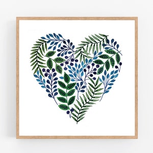 Floral Heart / Green / Blue / Indigo / Printable / Printable Art / Digital Download / Folk Art / Watercolor/ Heart / LOVE / Leaves