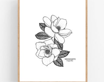 Mississippi Magnolia Ink Sketch Print / Printable / Art / Digital Download / Botanical Print / Mississippi State Flower / State Flower Print