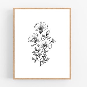 California Poppy Ink Sketch Print / Printable / Art / Digital Download / Pen Sketch / Botanical Print / Poppy / Poppies / California / Line image 1