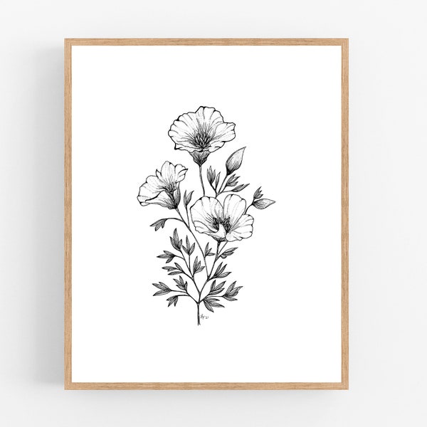 California Poppy Ink Sketch Print / Printable / Art / Digital Download / Pen Sketch / Botanical Print / Poppy / Poppies / California / Line