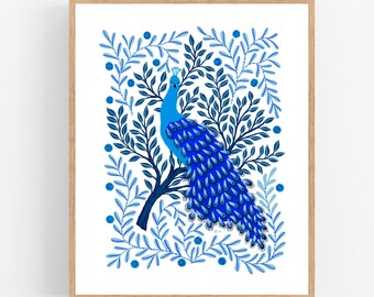 Blue Peacock Folk Art Illustration / Printable / Art / Digital Download / Bright / Happy / Blue / Otomi / Vibrant / Mexican / Peacock