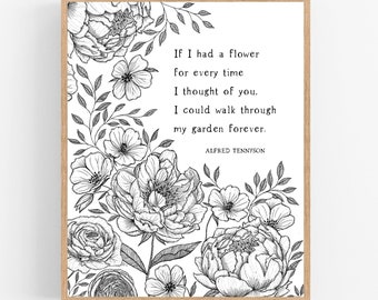 If I Had A Flower / Alfred Tennyson / Printable / Digital Download / Peonies / Ink Sketch / Flower Illustration / Drawing / Love / Tennyson