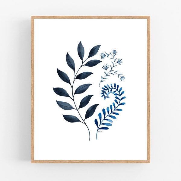 Blue No. 1 / Botanical Illustration/  Printable / Art / Digital Download / Blue Leaves / Botanical Print / Indigo / Plants / Blue