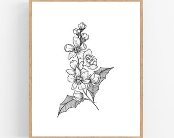 Oregon Grape Black Ink Illustration Digital Download Art Print / Oregon State Flower Printable
