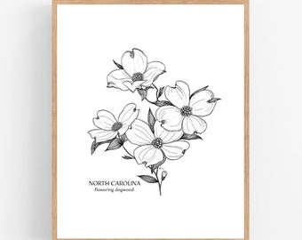 North Carolina Dogwood Ink Sketch Print / Printable / Art / Digital Download / Pen Sketch / State Flower / North Carolina / Dogwood