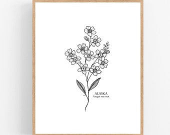 Alaska Forget-Me-Not Ink Sketch Print / Printable / Art / Digital Download / Illustration / State Flower Print/ Alaska Forget Me Not