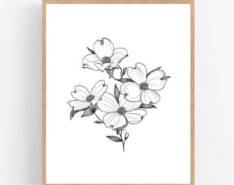 Dogwood Ink Sketch Print / Printable / Art / Digital Download / Pen Sketch / Botanical Print / Dogwood Flower / Black Ink / Flower Drawing