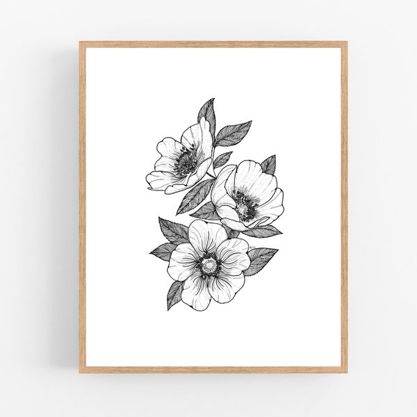 Cherokee Rose Ink Sketch Print / Georgia State Flower Print / Digital Download / Black and White Sketch / Flower Sketch / Flower Print