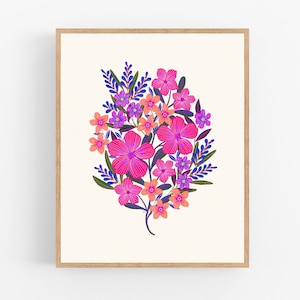Bright Folk Flower Bouquet Illustration / Printable / Art / Digital Download / Bright / Happy / Pink / Flower Art Print / Vibrant / Mexican