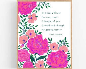 If I Had A Flower / Alfred Tennyson / Printable / Digital Download / Peonies /Bright Color / Flower Illustration / Pink / Love / Tennyson