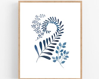 Blue No. 3 / Botanical Illustration/  Printable / Art / Digital Download / Blue Leaves / Botanical Print / Indigo / Plants / Blue