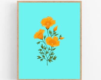 California Poppy Illustration / Printable / Art / Digital Download / Orange / Aqua / Botanical Print / Poppy / Poppies / California / Color