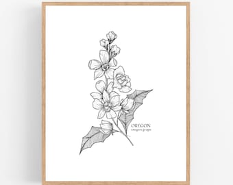 Oregon Grape Black Ink Illustration Digital Download Art Print / Oregon State Flower Printable