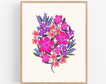 Bright Folk Flower Bouquet Illustration / Printable / Art / Digital Download / Bright / Happy / Pink / Flower Art Print / Vibrant / Mexican