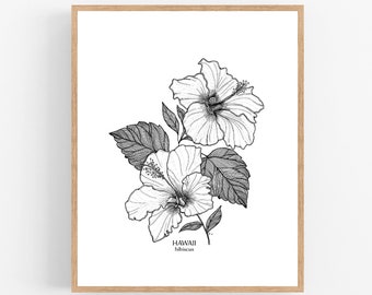 Hawaii Hibiscus Ink Sketch Print / Imprimible / Arte / Descarga digital / Ilustración / State Flower Print / Hibiscus / Hawaii