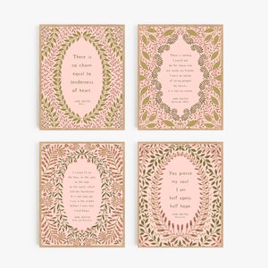 8x10 Jane Austen Set Pink/ Four 8x10s / Printable / Digital Download / Favorite Austen Quotes / Botanical Art Print/ Literary Prints