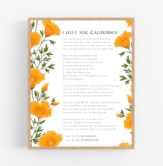 I Love You, California / California State Song Printable / Digital.
