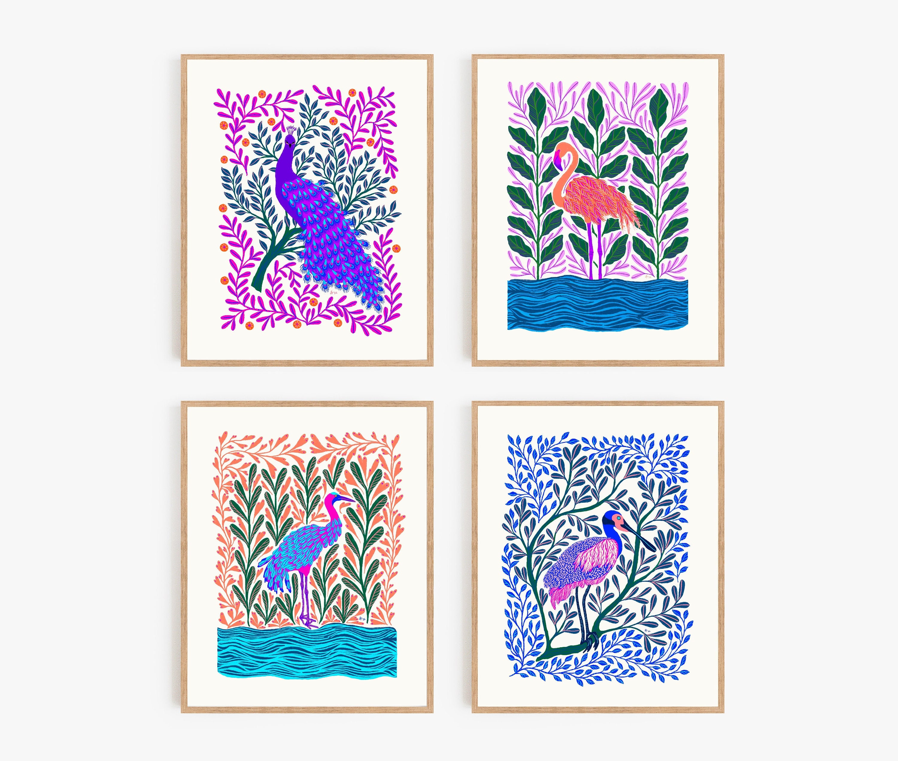 Bright Birds Set of 4 / Four 8x10s / Printable / Digital Download / Bright Happy Bird Art Print/ Mexican Folk Art / Gouache / Birds