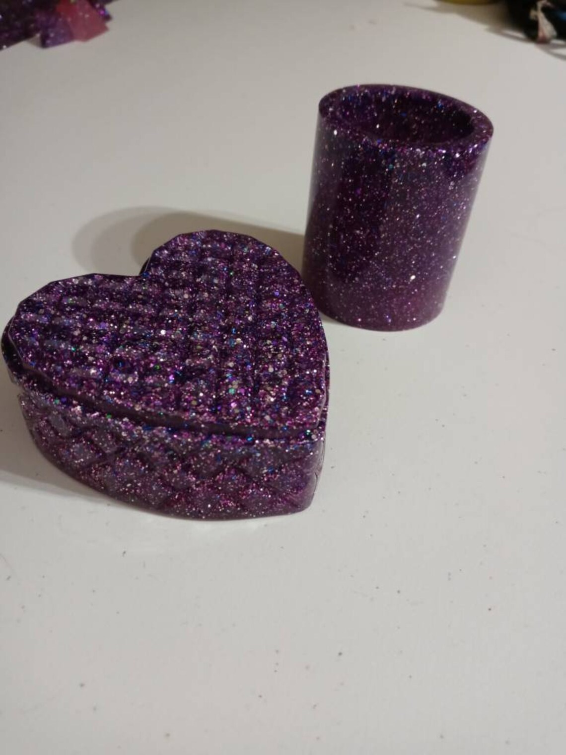 Purple resin Heart shape container with small cup glitter set Etsy