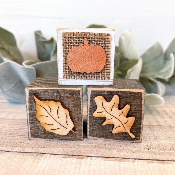 Mini wood sign, Fall blocks Stained, set of 3 mini blocks, 1.5", mantle decor, shelf sitter, tiered tray decor, fall sign, pumpkin decor