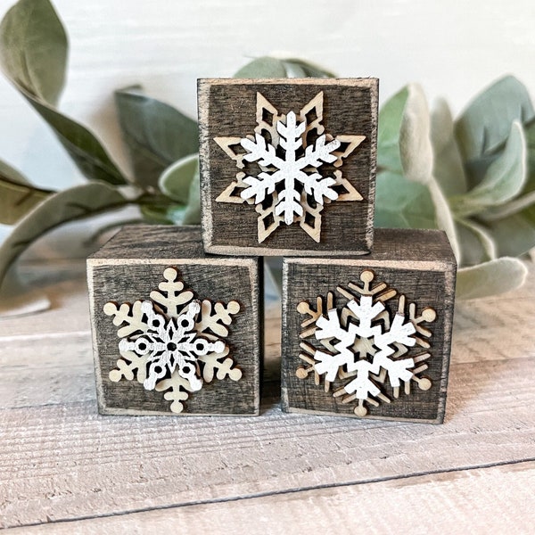 Small wood sign, set of 3 blocks, mantle decor, Snowflake time, stained wood, shelf decor, 1.5" each, tiered tray decor, small winter decor