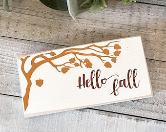 Mini wood sign, fall decor, Hello Fall, small shelf, tiered tray decor, shelf sitter, metallic, small wood sign for fall, copper