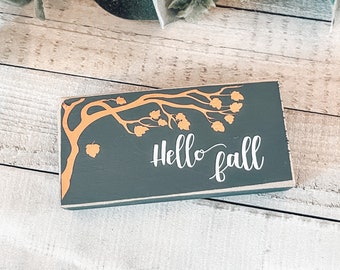 Mini wood sign, fall decor, Hello Fall, gray, small shelf, tiered tray decor, shelf sitter, metallic, small wood sign for fall, copper
