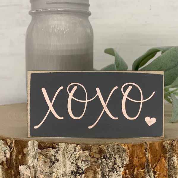 Mini wood sign, mantle decor, shelf sitter, tiered tray decor, farmhouse decor, XOXO, 2x4x1", farmhouse, hugs and kisses, rose gold