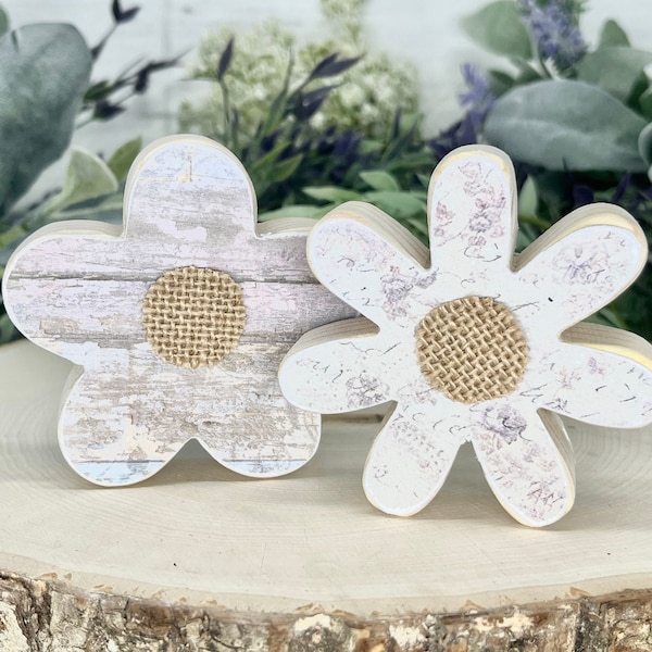 Wood flowers, set of 2 small flowers, mini wood sign, 3" each, shelf sitter, spring decor, mantle decor, Neutrals, gift for her, mom