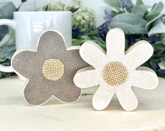 Wood flowers, set of 2 small flowers, mini wood sign, 3" each, shelf sitter, spring decor, mantle decor, Browns, gift for her, mom