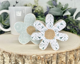 Wood flowers, set of 2 small flowers, mini wood sign, 3" each, shelf sitter, spring decor, mantle decor, Blue Green, gift for her, mom