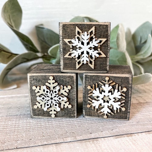 Small wood sign, set of 3 blocks, mantle decor, Snowflake time, stained wood, shelf decor, 1.5" each, tiered tray decor, small winter decor