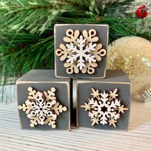 Small wood sign, set of 3 blocks, 1.5" each, mantle decor, Snowflake time, shelf sitter, farmhouse, tiered tray decor, winter shelf decor