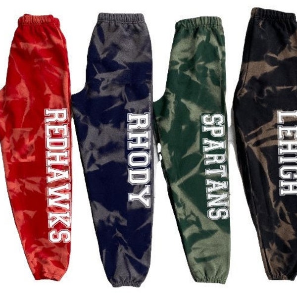 College Sweatpants, bleach sweats, reverse tie dye, acceptance gift, university, bed party, customized for ANY SCHOOL or team