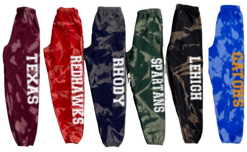 College Sweatpants, bleach sweats, reverse tie dye, acceptance gift, university, bed party, customized for ANY SCHOOL or team