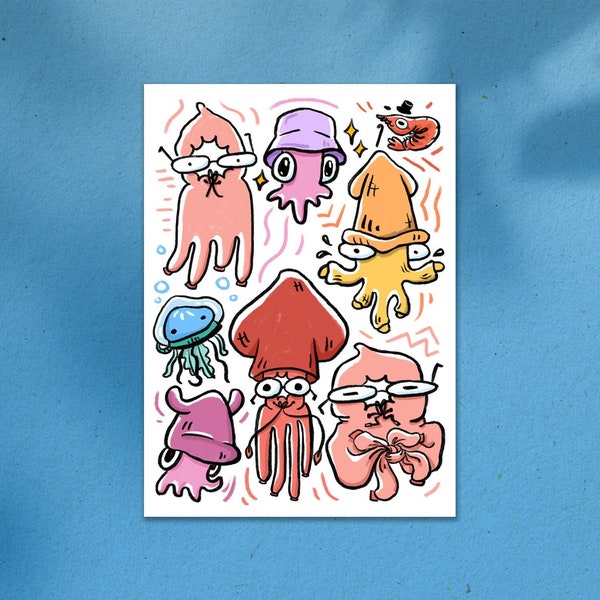 Cozy Squids Art Print | Cute Art Print | Wall Decor | Postcard | Cephalopods