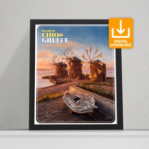 Chios, Windmills of Chios, Greece Poster, Digital Download, Painting, Souvenir, Gift, Christmas gift, Poster, Artwork, Home Decor