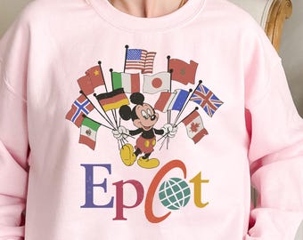 Mickey Epcot World Flags Sweatshirt, Retro Disney 90s Crewneck, Disney World Tour Tee, Family Vacation Shirt, epcot sweatshirt,mickey flags,