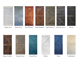May include: A selection of 12 different wood stain colors for barn doors. The colors are: Light Grey, Dark Grey, Red Walnut, Dark Walnut, Aged Barrel, Carbon Grey, Ebony, Kona Coffee, Smoky Grey, Royal Pine, White, Navy, and Unfinished.