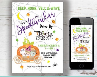 May include: Editable invitation for a drive-by trick-or-treat event. The invitation features a cartoon pumpkin with ghosts and a spider web background. The text reads "It's Spooktacular Drive By Trick or Treat" and includes the date, time, and location of the event.  The invitation is designed to be personalized with Corjl.