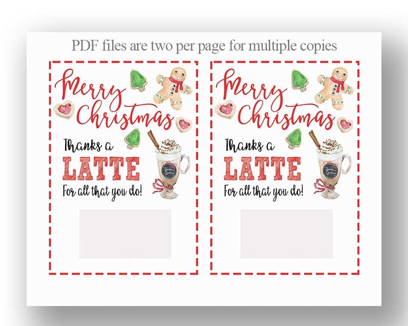 Printable Christmas Gift Card Holder, Thanks a Latte Gift Card Holders, Christmas Gift, Teacher ...