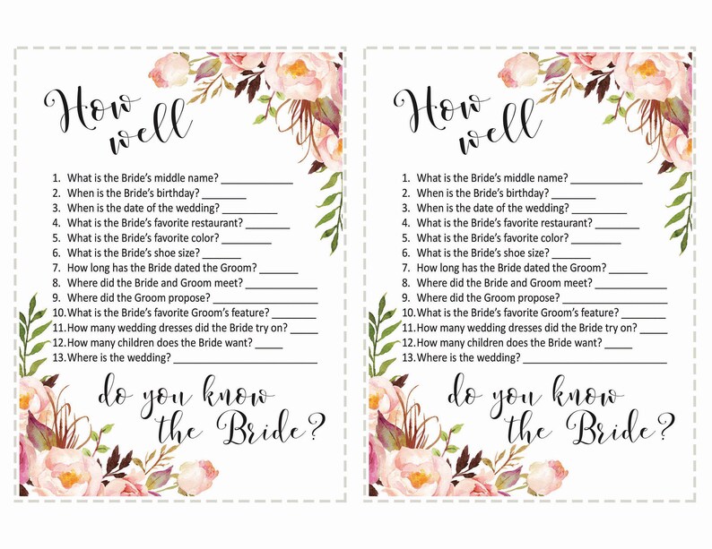 How Well Do You Know the Bride Bridal Shower Game, Bridal Shower