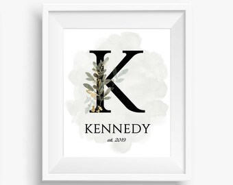 Greenery Monogram Sign, Baby Room Decor, Baby Name Art, New Baby Gift Personalized, Instant Download, Printable Wall Art, Letter K, MN100