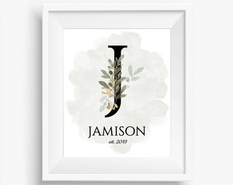 Family Monogram Wall Art Printable, Letter J, Editable Personalized Christmas Gift, Wedding Gift, Baby Gift, Instant Download, MN100