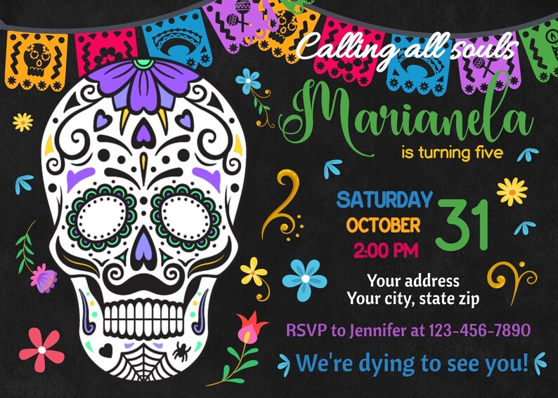 Sugar Skull Birthday Invitation, Birthday Party Halloween, Invitation ...