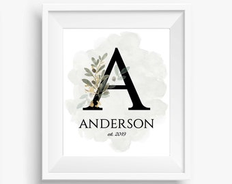 Family Monogram Wall Art Printable, Letter A, Editable Personalized Christmas Gift, Wedding Gift, Baby Gift, Instant Download, MN100