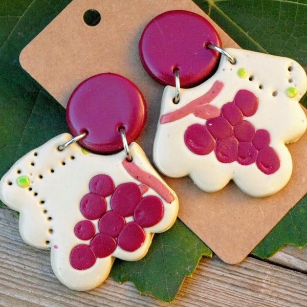Harvest collection earrings - wine and grapes - special earrings - polymer clay / fimo - statement - handmade - made in Tuscany