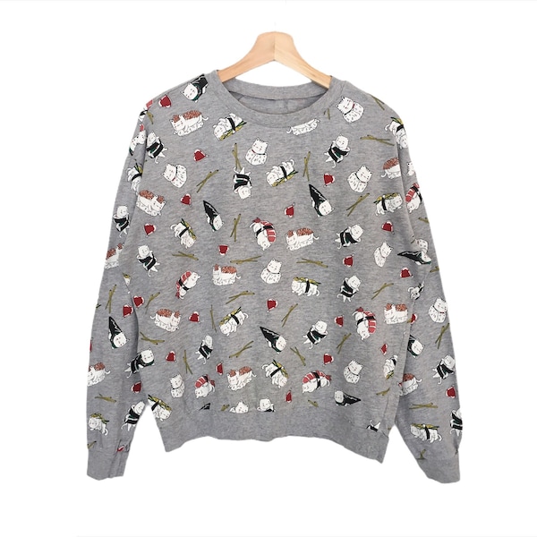 Vintage Shushi Cat Allover Fullprint Sweater Spellout  Pullover Jumper Sweatshirt Small Size