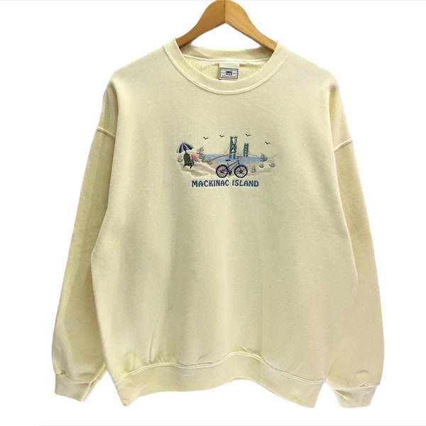 Vintage Mackinac Island Spellout Multicolour Embroidery Pullover Jumper Sweatshirt
